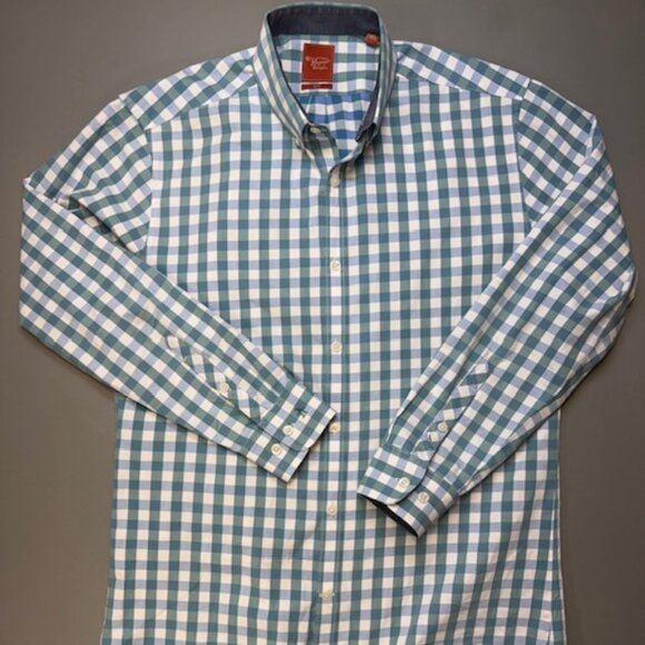 Penguin Shirt Mens Medium Green Teal Plaid Button Down Slim Fit 16 - 32/33 - Picture 1 of 6